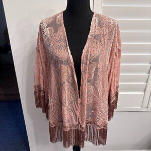 Pink Velvet Floral Kimono w/ Fringe